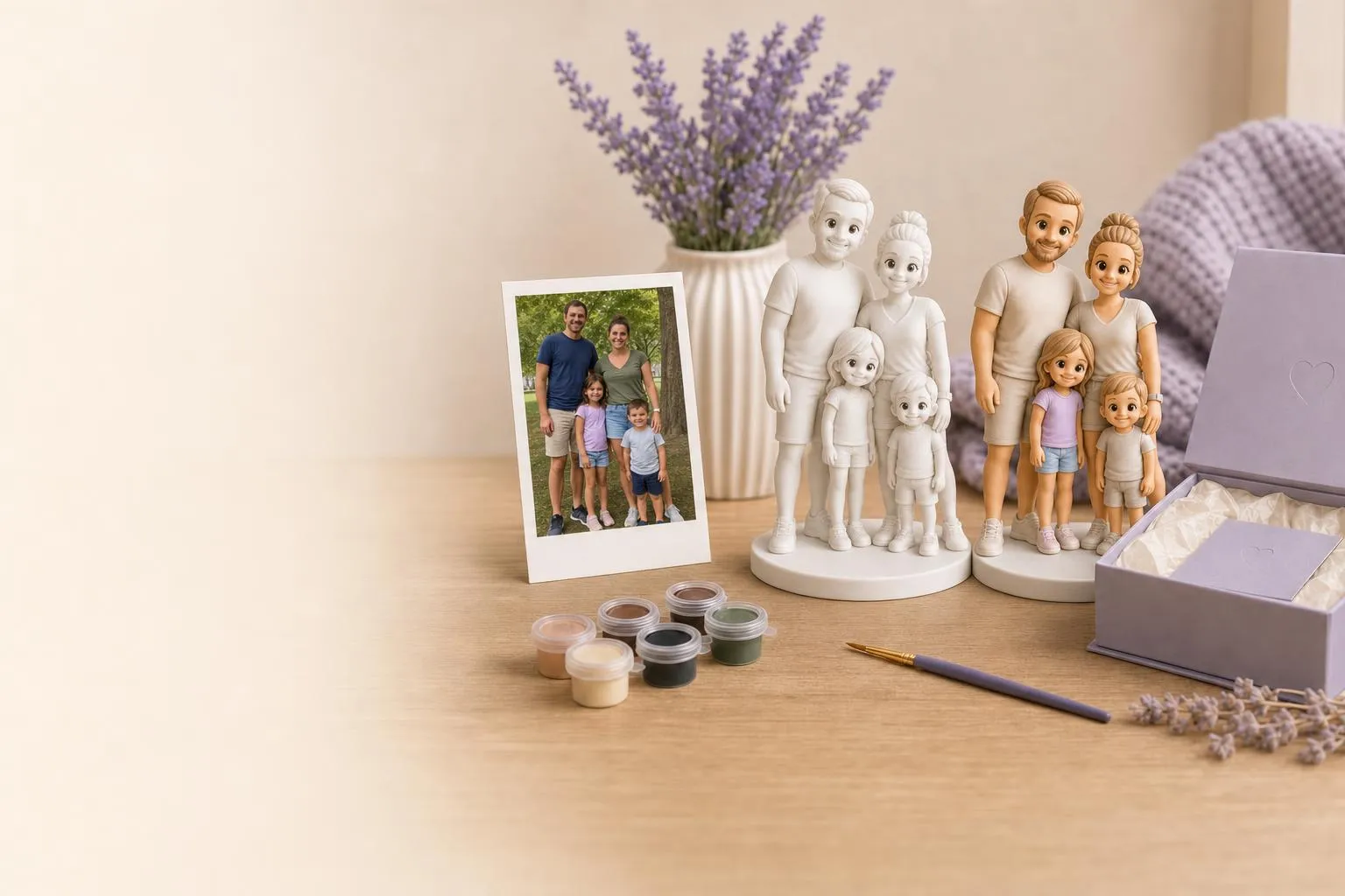 Family: photo, white and painted figurines