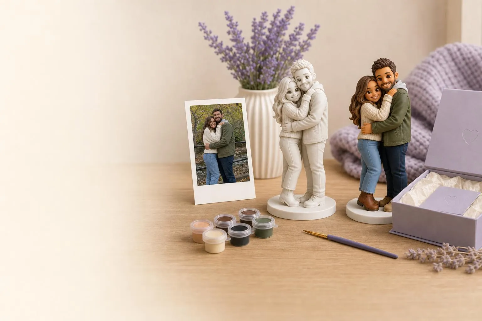 Couple: photo, white and painted figurines