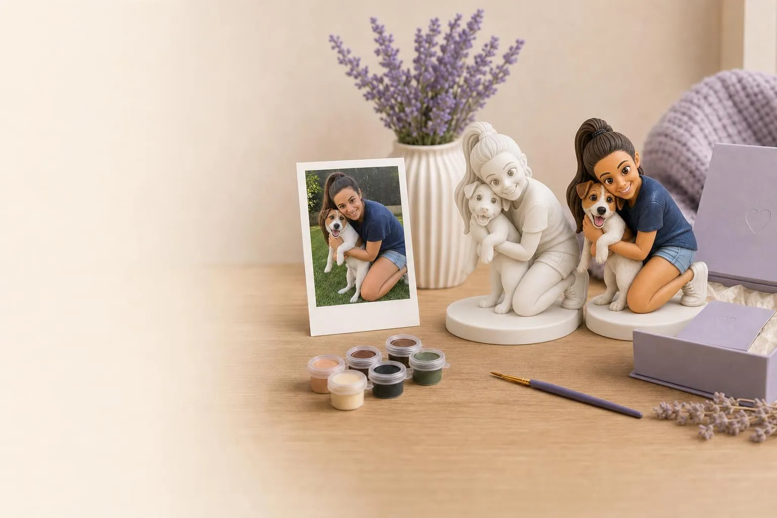 Person and dog: photo, white and painted figurines