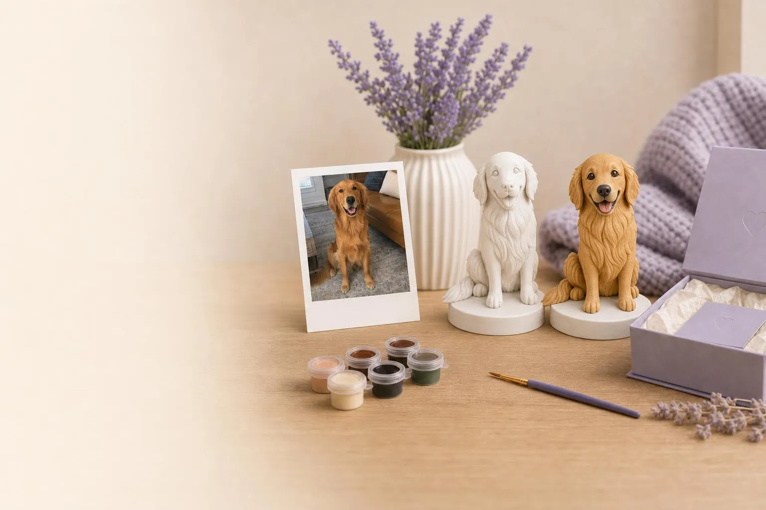 Dog: photo, white and painted figurines